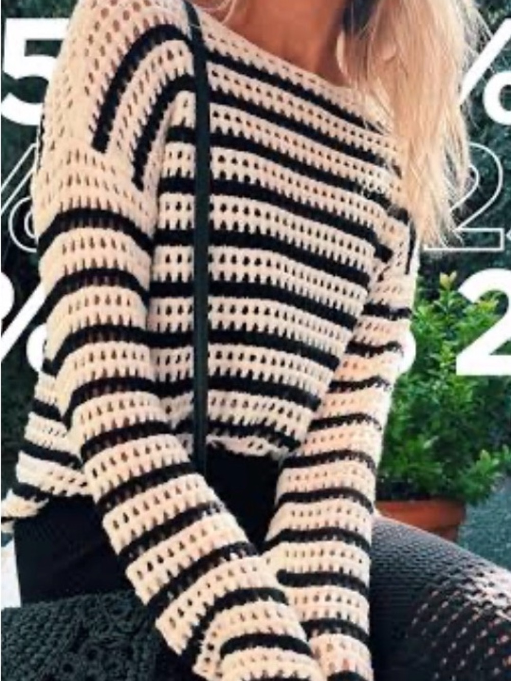 J. Jill Striped Open-Knit Crewneck Sweater in Black & Cream
